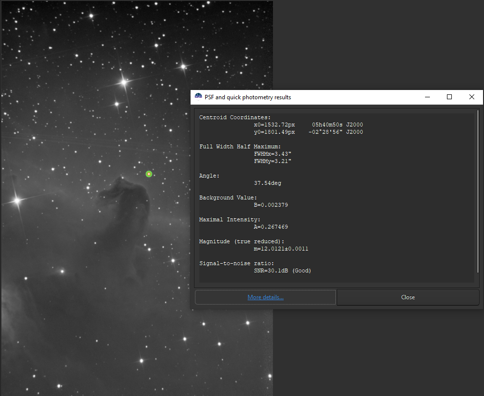 Photometry results window with true magnitude set.